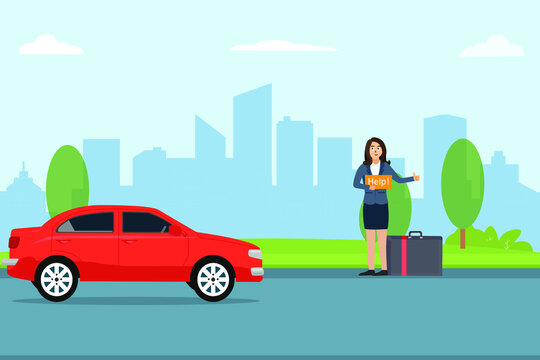 Help vector concept. Young woman holding a help word while hitchhiking with passing car on the road