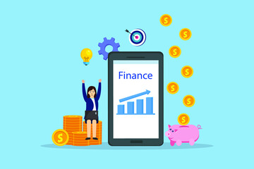 Income vector concept. Happy businesswoman getting money while sitting with growth finance graph on a mobile phone