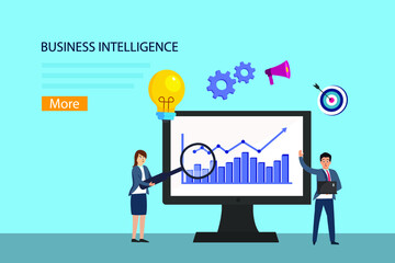 Business intelligence vector design. Two business people using a magnifier to analyzing growth chart on the monitor with business intelligence text