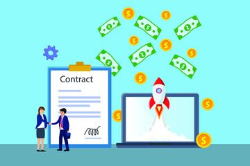 Fototapeta premium Contract vector concept. Two business people shaking hands near the cooperation contract while standing with rocket flying out from laptop screen