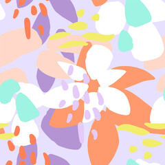 Fototapeta na wymiar Hand-painted large-scale floral seamless vector pattern in light vibrant spring colors. Abstract flower composition of graphic shapes for background or packaging design.