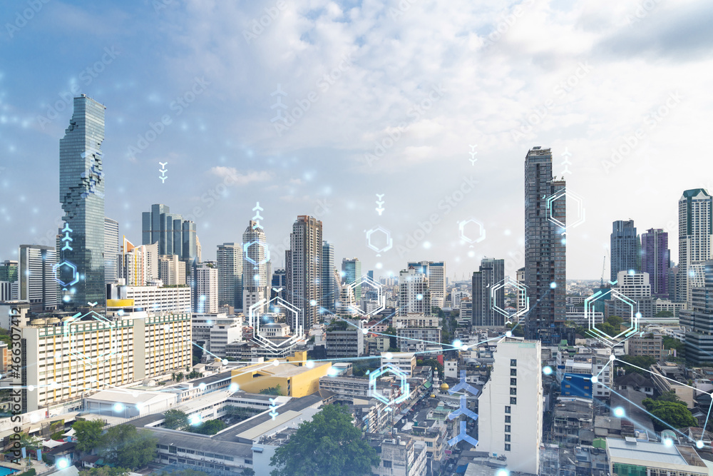 Aufkleber technology hologram over panorama city view of bangkok. the largest tech hub in southeast asia. the 