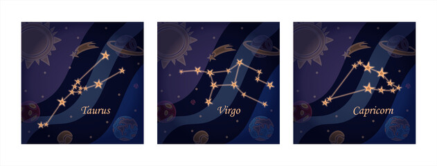 Doodle constellation of the taurus Symbol of the zodiac signs Vector illustration of astrology and astronomy. Horoscopes bright stars in cosmos background © olga