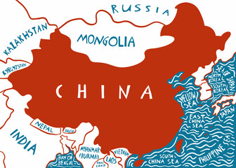 Vector hand drawn stylized map of China. Travel illustration of China landmarks. Geography illustration and handwritten lettering. Asia map element. People's Republic of China