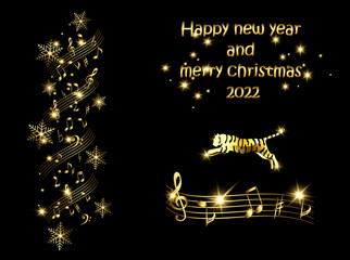 Musical New Year card 2022 with golden tiger