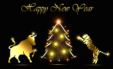Happy New Year 2022 card with golden tiger and bull