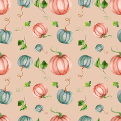 Seamless design of ripe pumpkins with green leaves on a light beige background. Watercolor illustration of a seamless pattern with orange and blue pumpkins.