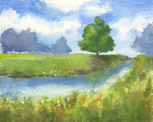 watercolor illustration of summer landscape with trees, green grass, river, blue sky with clouds