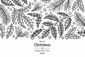 Fototapeta premium Christmas hand drawn vector greeting card design template. Vintage style botanical illustration. Winter plants xmas banner.