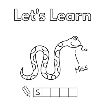 Cartoon snake learning game for small children - color and write the word. Vector coloring book pages for kids