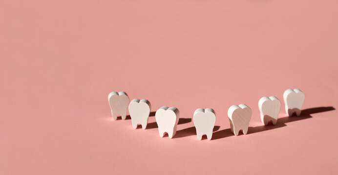 Teeth models standing in a row making a smile on a pink background. Dental banner background. Copy space.  Healthy, strong snow-white teeth. Toy Wooden Teeth