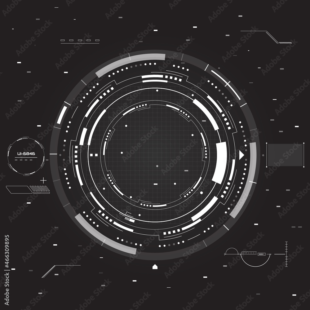Aufkleber HUD UI Futuristic Geometric Circle Structure Shape Game Target Vector Set. Aiming Virtual Reality Monitoring Information Infographic Illustration.