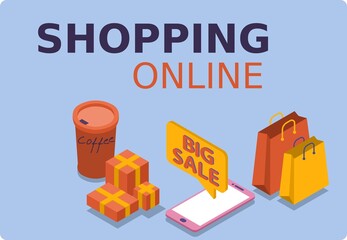 Online shopping design concept with phone and checklist. Big sale. Mockup mobile and coffee. Popular flat colors. Isometric 3D vector illustration.