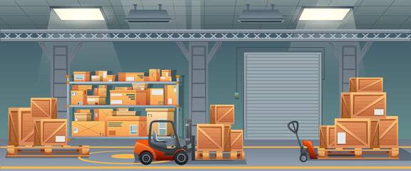 Industrial warehouse interior. Post storage indoor. Wooden boxes on rack shelves inside building. Loaders, ladders, turn on lamps, electric gates on grey background. Flat cartoon. Vector illustration.