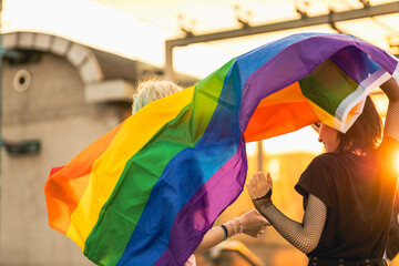Portrait of happy non binary couple waving rainbow flag
