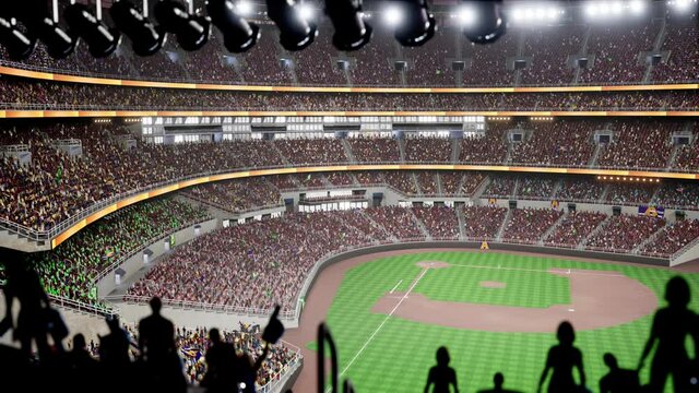 Empty night baseball and cricket arena with fans in fog and illuminated by spotlights 3d render. High quality 4k footage