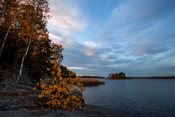 Island in Monrepo (Mon Repos) park. Autumn landscape. Vyborg