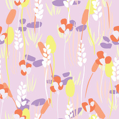 Spring wildflower seamless vector pattern in bright colors on light purple background. Abstract flower field hand-drawn illustration for background packaging design.