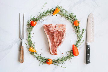 raw t-bone steak in the center of a Christmas wreath of rosemary thyme cherry tomatoes and bell...