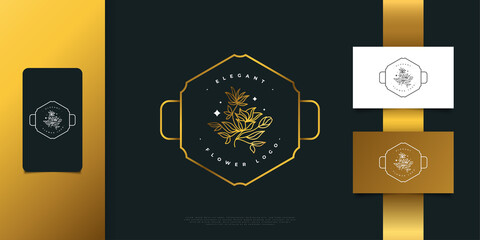 Luxury and Elegant Flower Logo Design with Linear Concept and Minimalist Style in Golden Gradient. Floral Logo, Can Be Used for Beauty, Jewelry, Fashion & Spa Industries