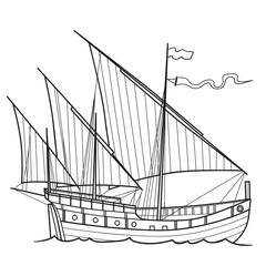 sketch, chinese sailing ship, coloring book, isolated object on white background, cartoon illustration, vector,