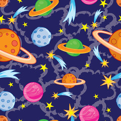 Naklejka premium pattern, on a dark blue background, multicolored planets and the moon, vector illustration,