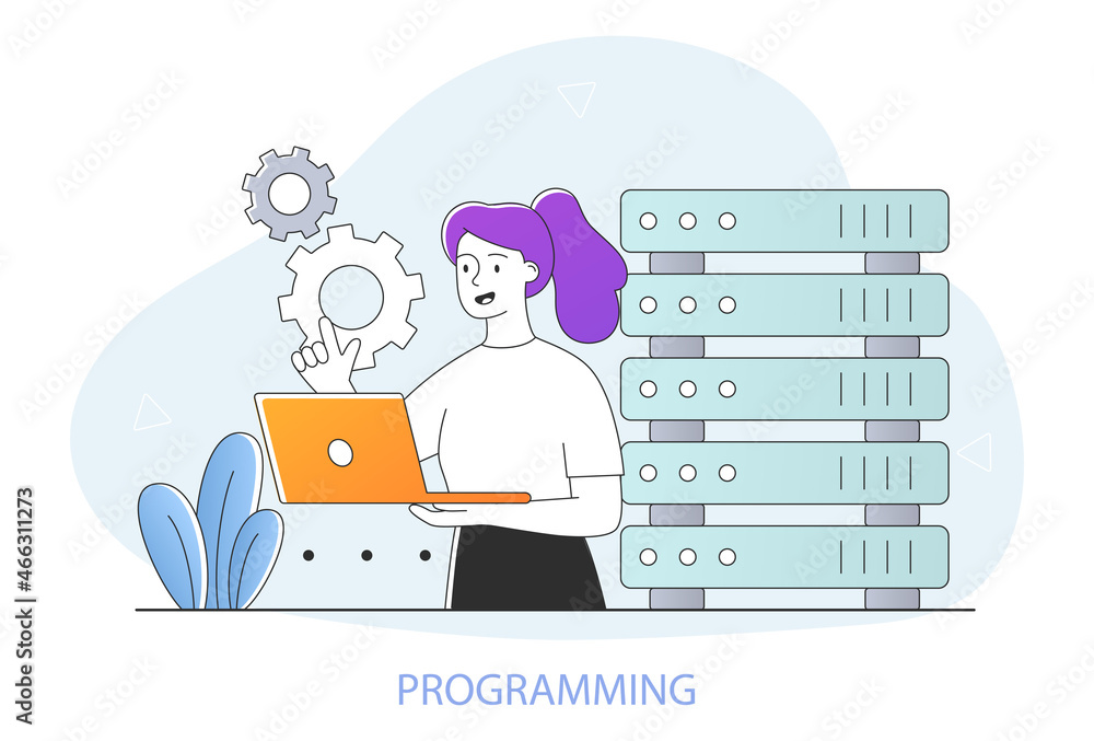 Poster big data programming concept. woman with laptop in her hands developing system for storing and trans