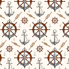 Pattern of anchor with rope, steering wheel, sea knot on background. Vintage ship objects repeat. Marine or shipboard theme. Retro style boat elements. Vector illustration