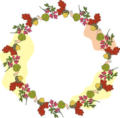 vector illustration wreath,frame,snails,oak leaf,barberry branch with fruits,light spots,for postcard,card or invitation