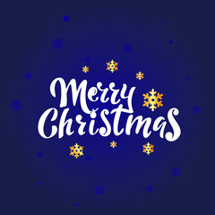 Merry Christmas, white letters with golden snowflakes on the blue background.  Creative typography for Holiday greeting cards, banner Hand-drawn modern style calligraphy for holiday banners