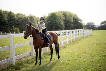 Female horseman riding brown Thoroughbred horse on green meadow in countryside. Concept of rural resting and leisure. Green tourism. Young smiling european woman. Beautiful landscape at sunny day