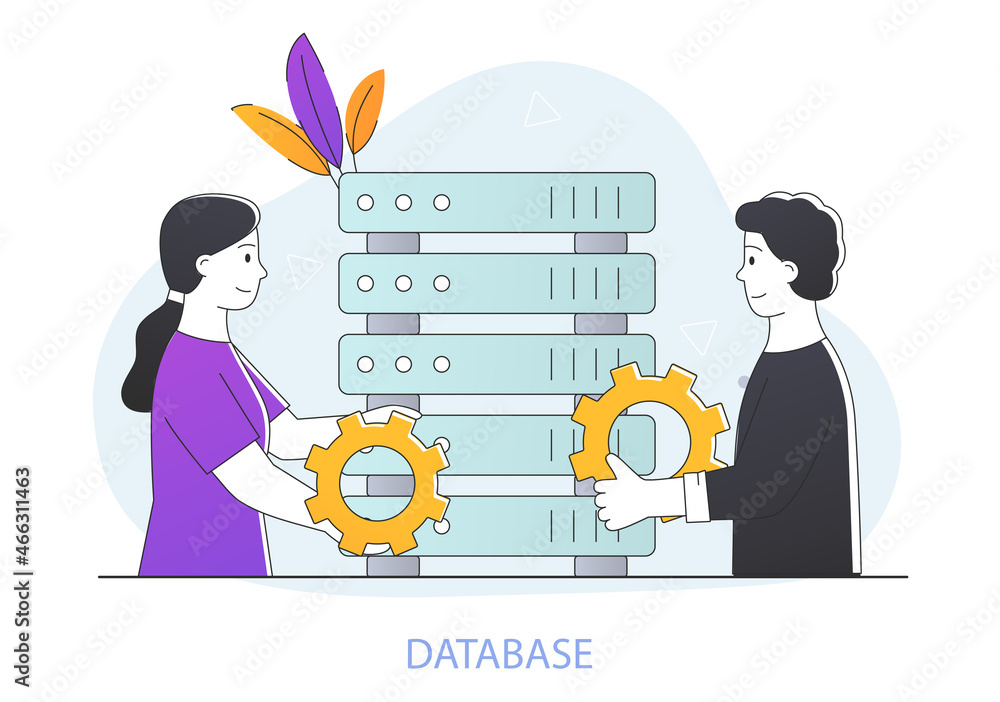 Poster database tools concept. man and woman with cogs optimize hard drives with personal information. onli