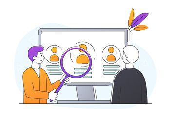 Virtual job fair. Men with magnifying glass stand next to computer screen and choose suitable job or good employee. Hiring staff. Recruiting and reviewing resumes. Cartoon flat vector illustration