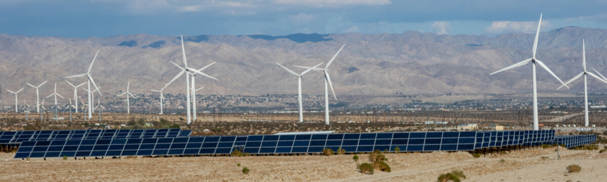 An Energy Farm Center With Photovoltaic Soar Panels And A Dynamo Generator Wind Farm