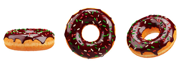 Chocolate donuts isolated on a white background. Doughnuts in chocolate glaze, icon set. 3D illustration, render.
