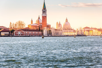 Fototapeta premium Panoramic view of famous Canal Grande with San Giorgio Maggiore island and Basilica di Santa Maria della Salute in the background, Venice, Italy