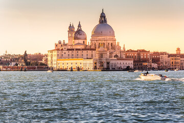 Fototapeta na wymiar Panoramic view of famous Canal Grande with Basilica di Santa Maria della Salute in the background, Venice, Italy