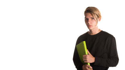 Young funny student posing in the studio. Study and work.