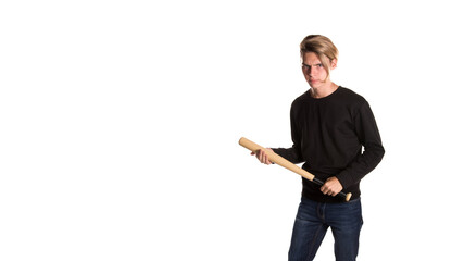Young attractive guy with a baseball bat.