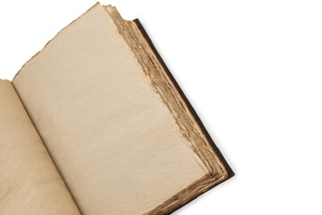 An open empty old notebook isolated on a white background.