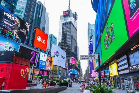 New York, Manhattan, USA. September 28, 2021. High-rise advertising on Broadway near Times Square