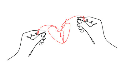 continuous drawing of one line of a man's hand and a woman's hand connected by a thin thread in the shape of a broken heart with a large plan