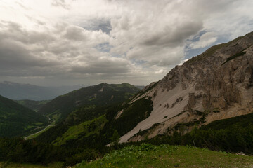 Sareis, Liechtenstein, June 20, 2021 Adorable alpine scenery on an overcast day