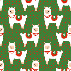 Seamless pattern with Christmas decoration. Green and red alpaca pattern.