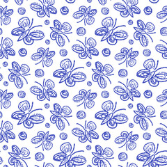 Beautiful blue contour ink butterflies isolated on white background. Cute monochrome seamless pattern. Vector simple flat graphic hand drawn illustration. Texture.