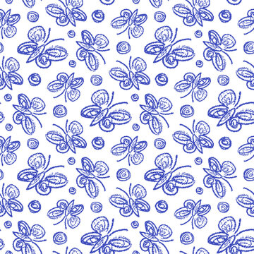 Beautiful blue contour ink butterflies isolated on white background. Cute monochrome seamless pattern. Vector simple flat graphic hand drawn illustration. Texture.