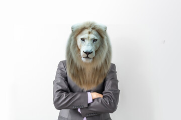 man with head of lion on white background.