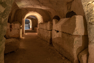 Cave of the coffins at Bet She'arim in Kiryat Tivon, Israel catacombs with sarcophagi
