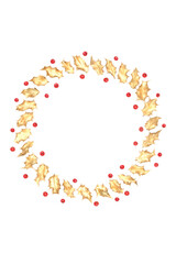 Minimal Christmas wreath of gold holly leaves and red berries. Design element for winter, Xmas and New Year season on white background. Top view, copy space.