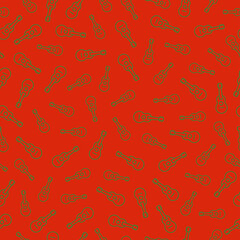 Seamless pattern with Christmas decoration. Green ukulele on red background.